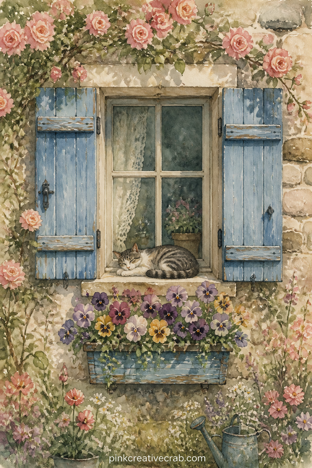 Cottage Window With Shutters printable page — Pair this page with the Gingham Pattern background further on: glue the window page as a left-hand sheet and let