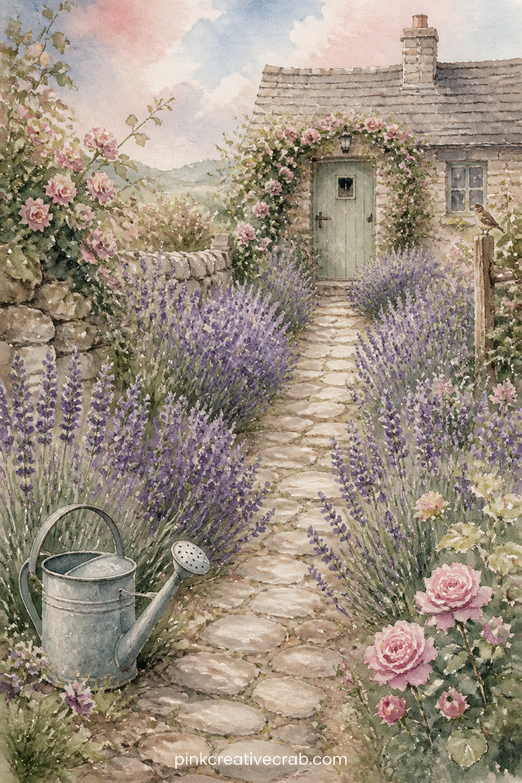 Garden Path Through Lavender printable page — A narrow stone path cuts through rows of lavender toward a half seen cottage door, with a watering can left