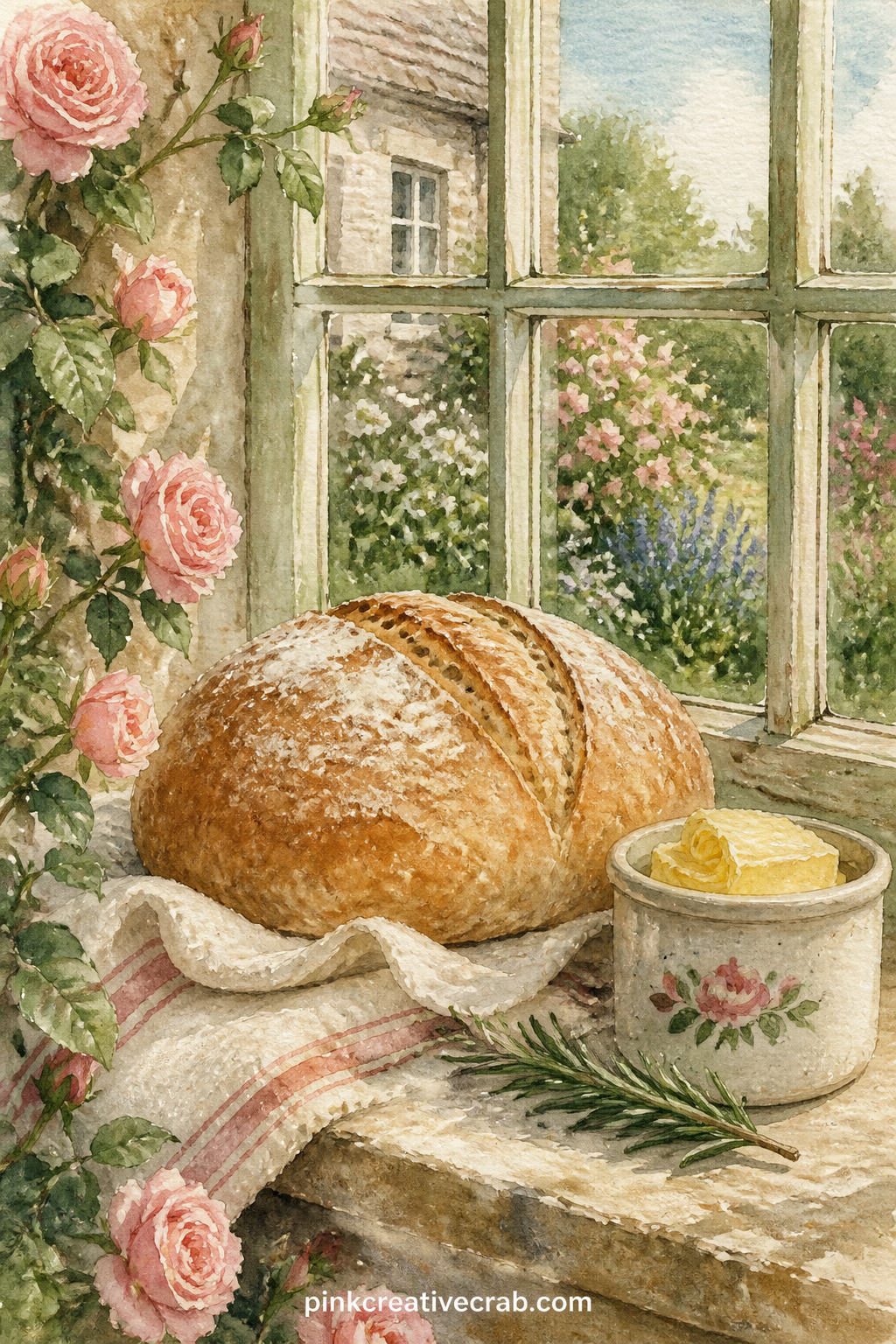 Bread Cooling On Windowsill printable page — The usual mistake with a bread page is making the loaf the only thing on the sheet, which leaves the rest of the