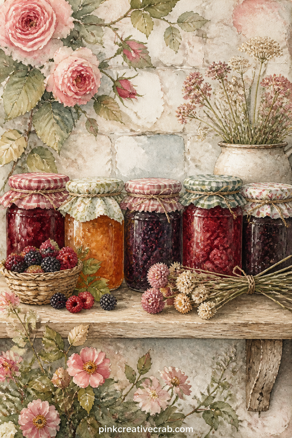 Jam Jars On A Shelf printable page — Rows of jam jars line a wooden shelf, labeled with faded handwriting and standing beside a small basket of berries and a