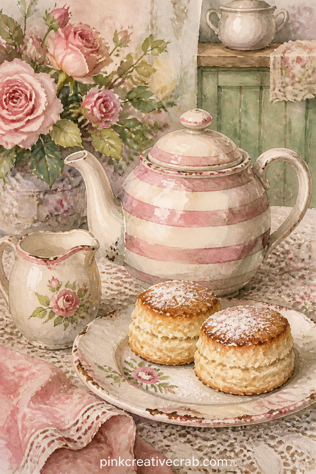 Teapot And Scones printable page — A striped teapot, two scones on a chipped plate and a small jug of cream sit together on a lace cloth, ready for a quiet