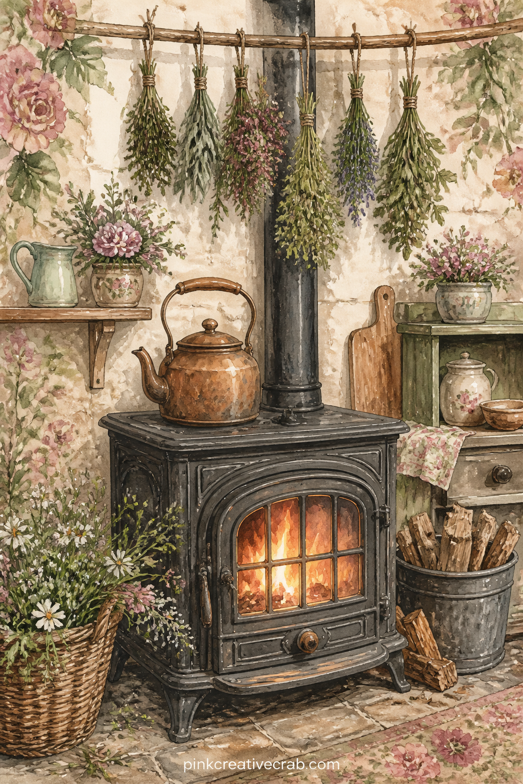 Wood Stove And Drying Herbs printable page — Give this page to the reader who loves her kitchen more than any other room: a gift journal built around this one