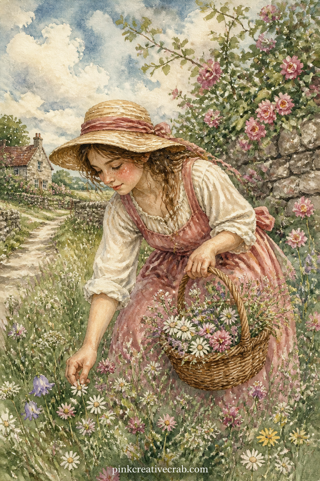 Girl Picking Wildflowers printable page — A girl in a straw hat bends to pick wildflowers along a grassy lane, her basket already half full and a hedge of