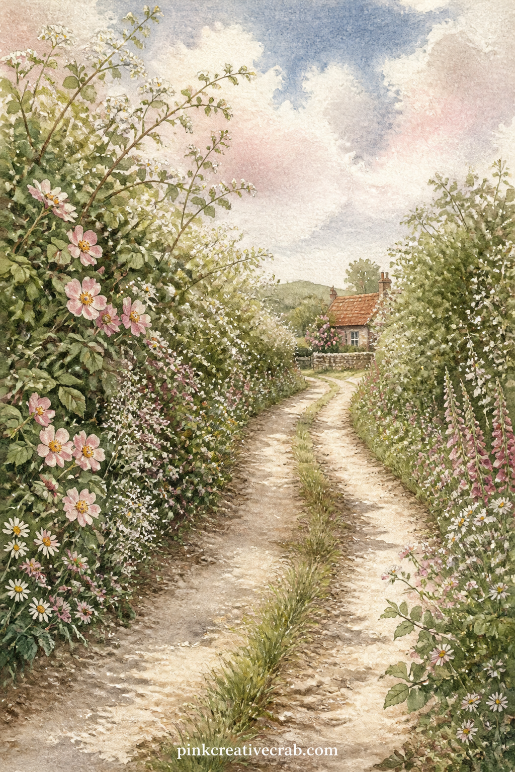 Country Lane With Hedgerow printable page — What question would she ask her future self while walking this lane. Cottagecore junk journal