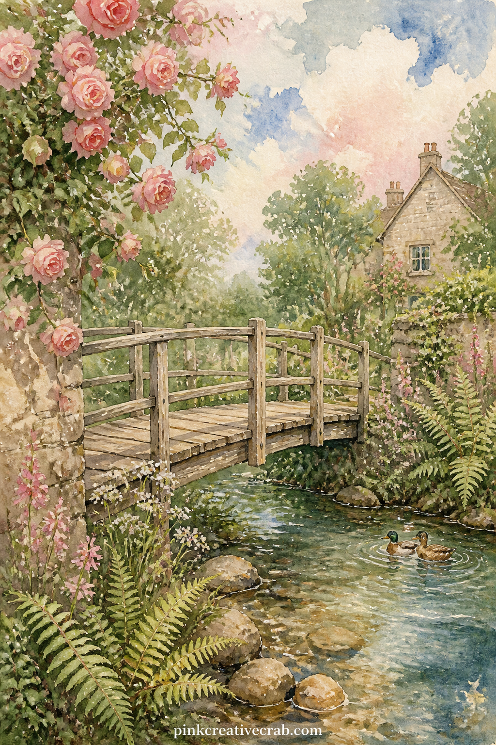 Wooden Footbridge Over Stream printable page — A small wooden footbridge crosses a shallow stream, with ferns along the bank and a pair of ducks drifting near