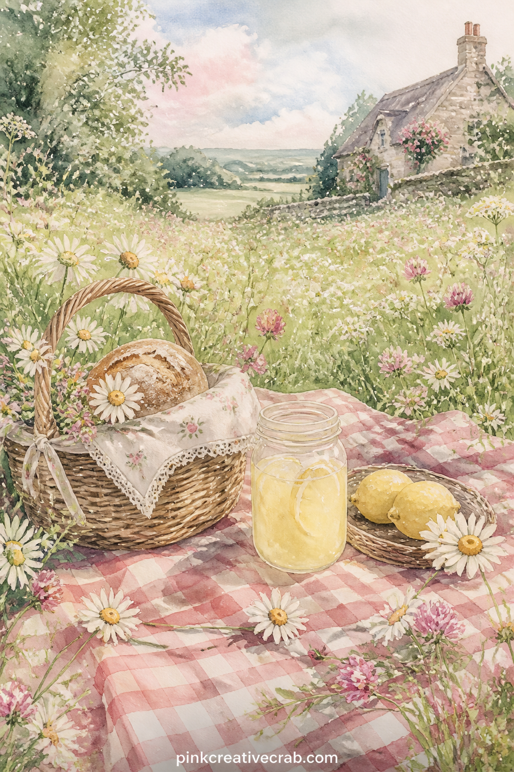 Picnic Blanket In The Meadow printable page — Tear the edge of this page before gluing it in, just along one side, so the picnic spills slightly past the