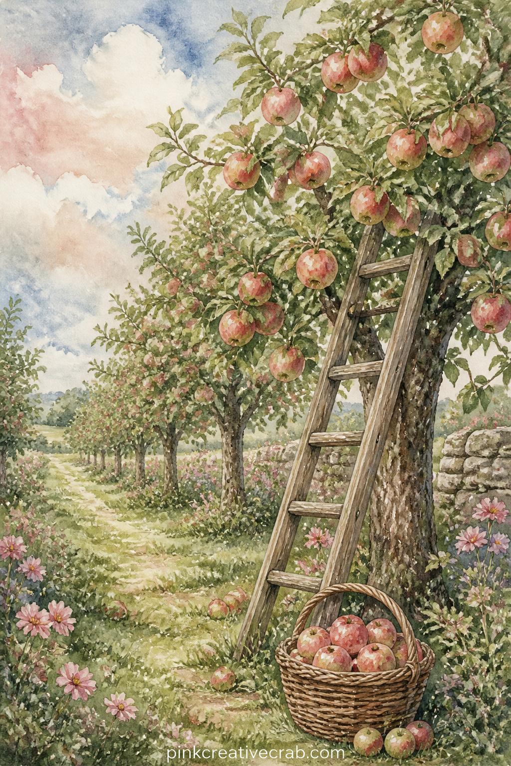 Apple Orchard Row printable page — A row of apple trees heavy with fruit lines a grassy path, with a wooden ladder leaning against one trunk and a basket set