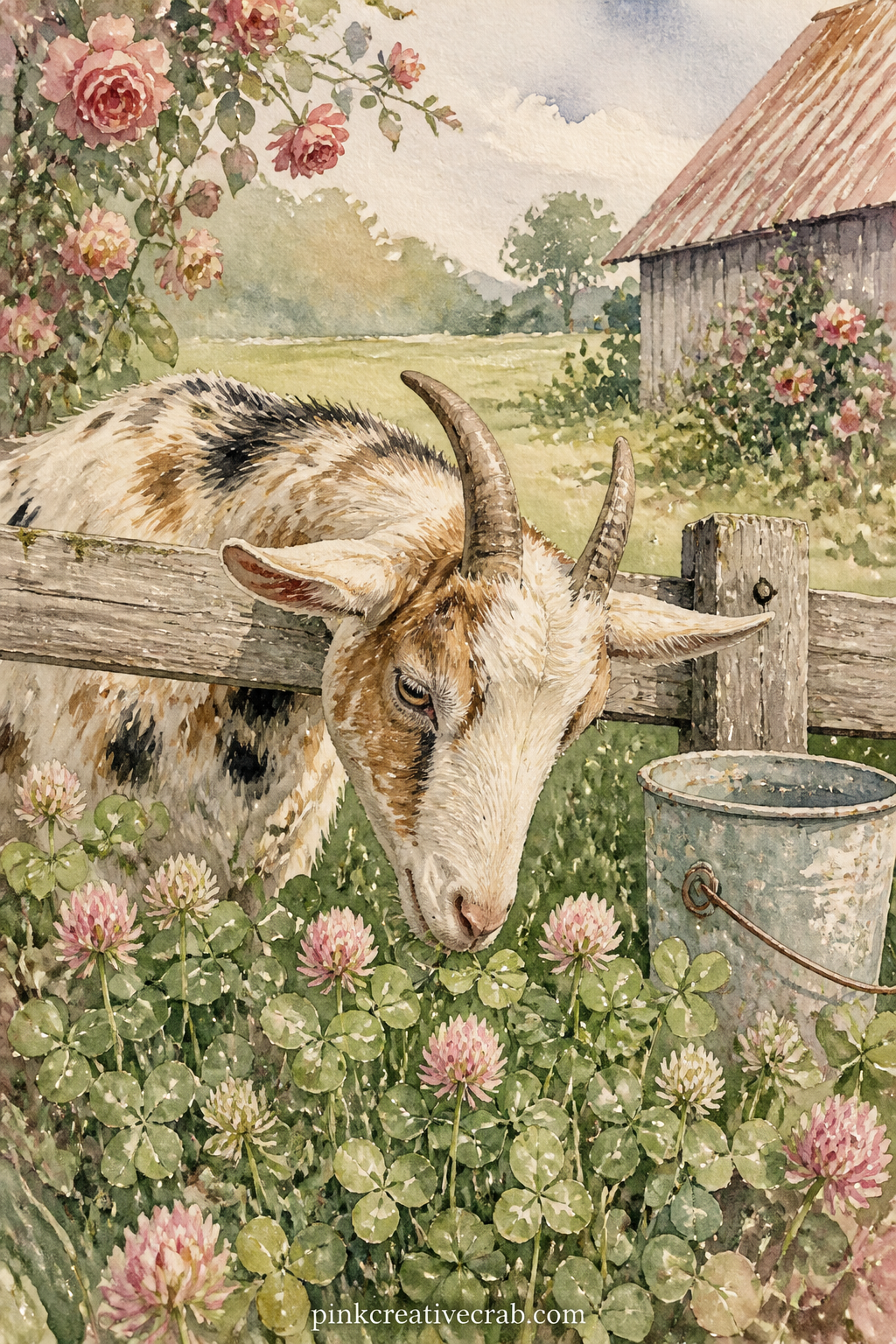Goat By The Fence printable page — A spotted goat leans over a wooden fence rail toward a patch of clover, with a barn roof and a pail resting nearby.