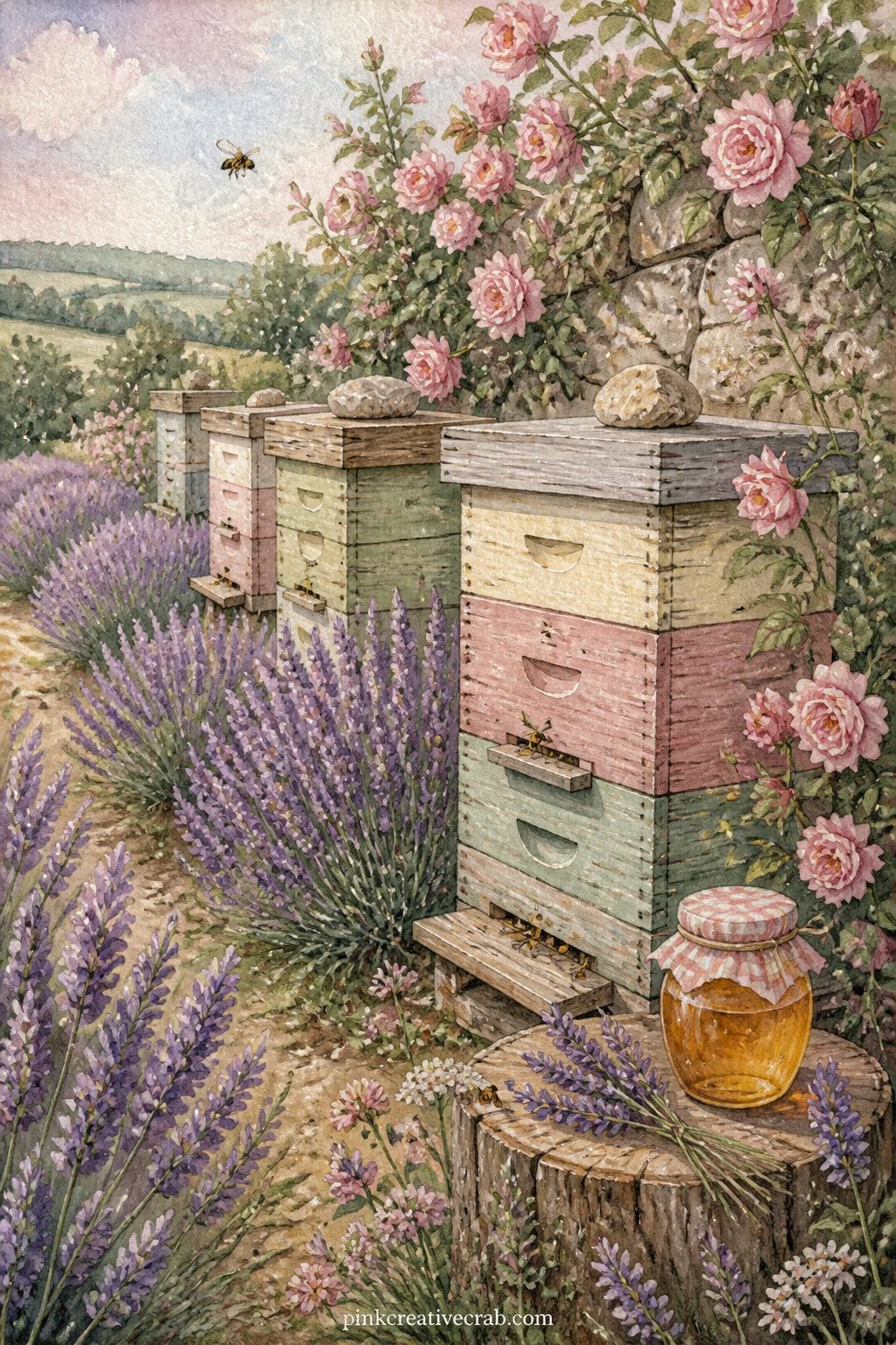 Beehives And Lavender Rows printable page — A row of wooden beehives sits among lavender, with a few bees drifting between the blossoms and a honey jar left on
