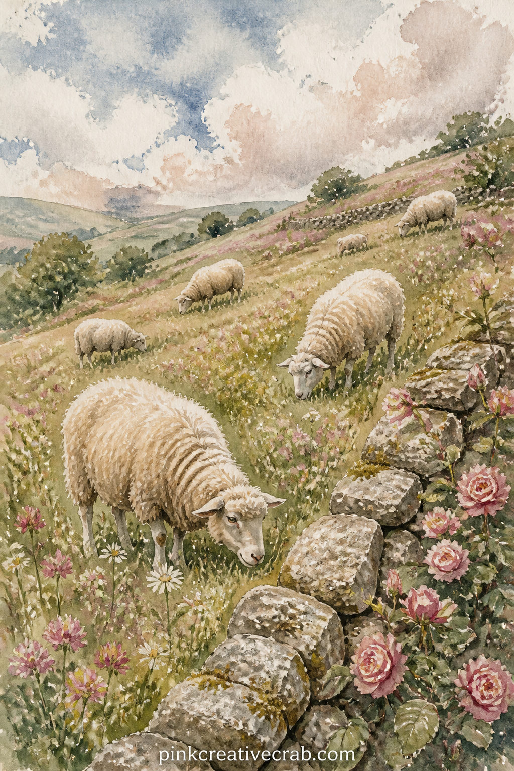 Sheep On The Hillside printable page — A handful of sheep graze across a rolling hillside, dotted with small wildflowers and bordered by a low stone wall.