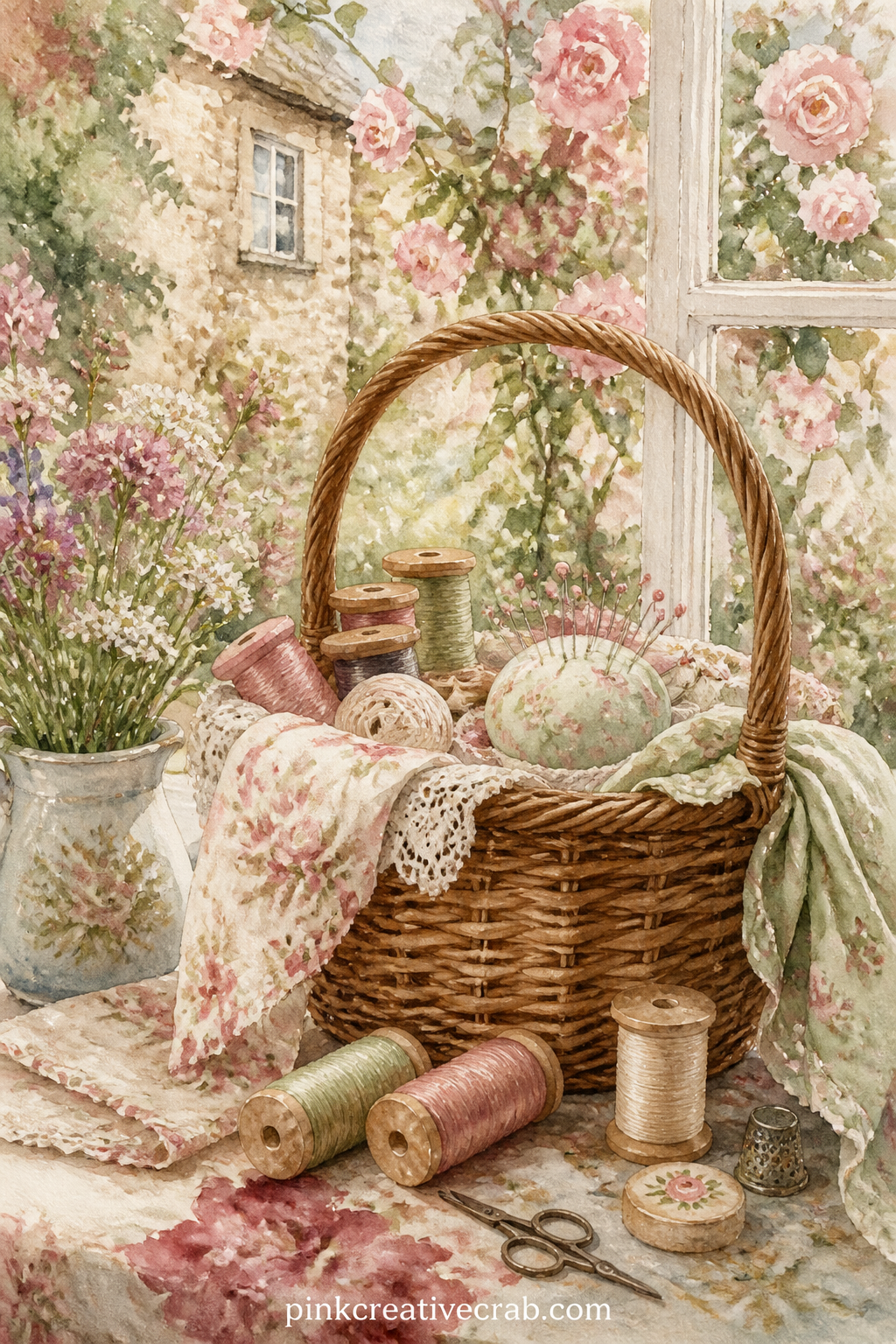 Sewing Basket By The Window printable page — The usual mistake here is painting the thread and needles too small to read once printed. Cottagecore junk journal