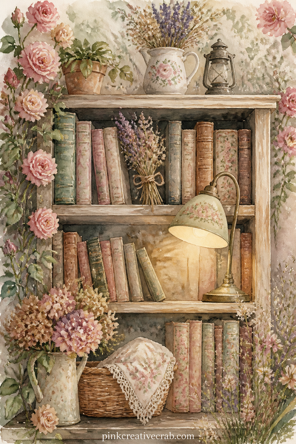 Bookshelf With Dried Flowers printable page — Glue in a reading list or a line from a favourite old book here, since the shelf of worn spines gives this page a