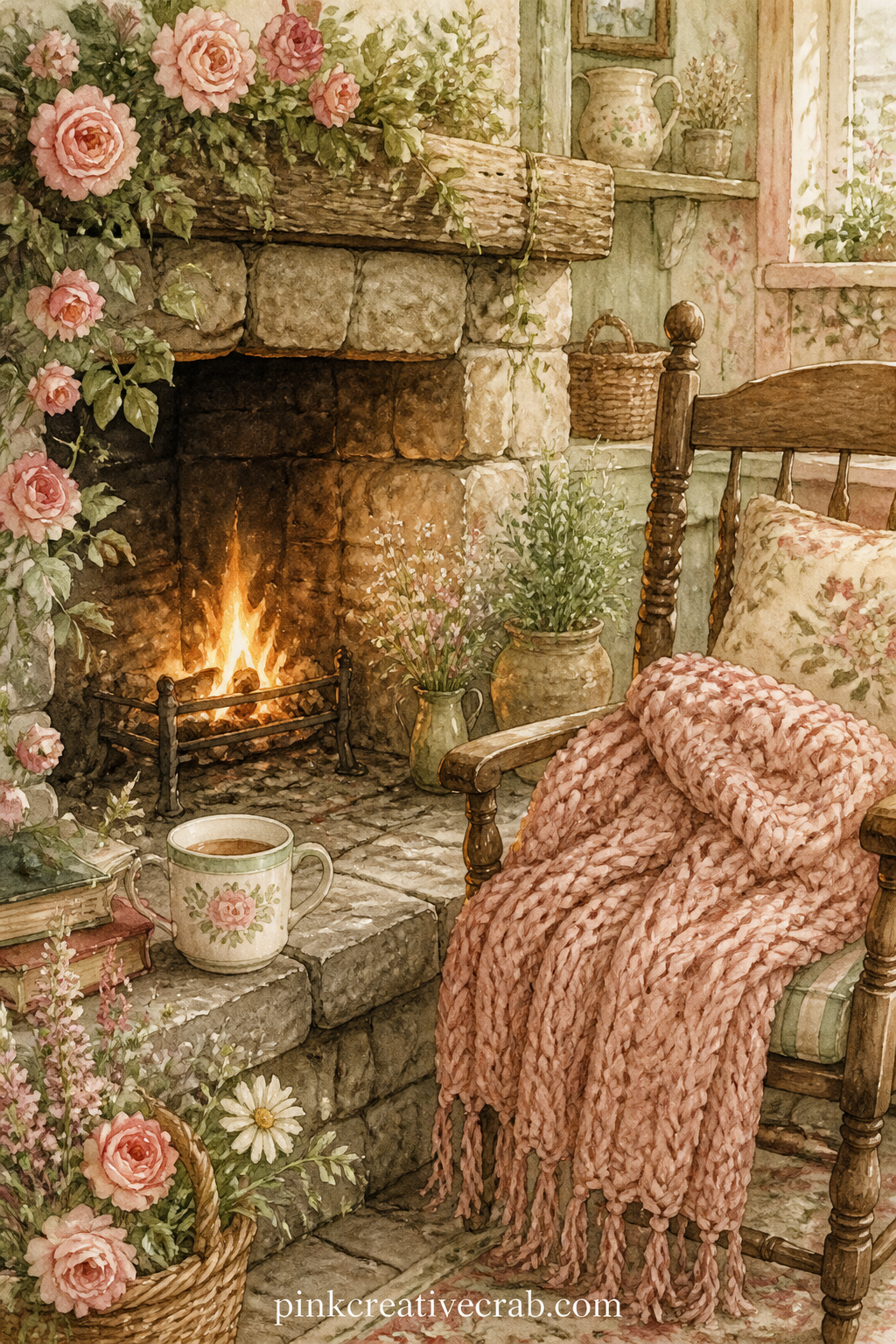 Fireplace And Knit Blanket printable page — A low fire glows in a stone hearth, a folded knit blanket draped over a nearby chair and a mug of tea left warming