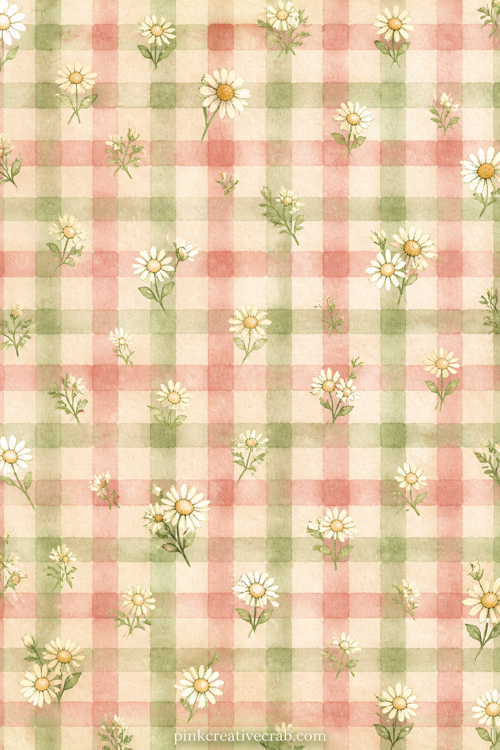 Gingham Picnic Pattern printable page — Small red and cream gingham squares scatter with tiny daisies across the whole sheet, perfect under a photo of an