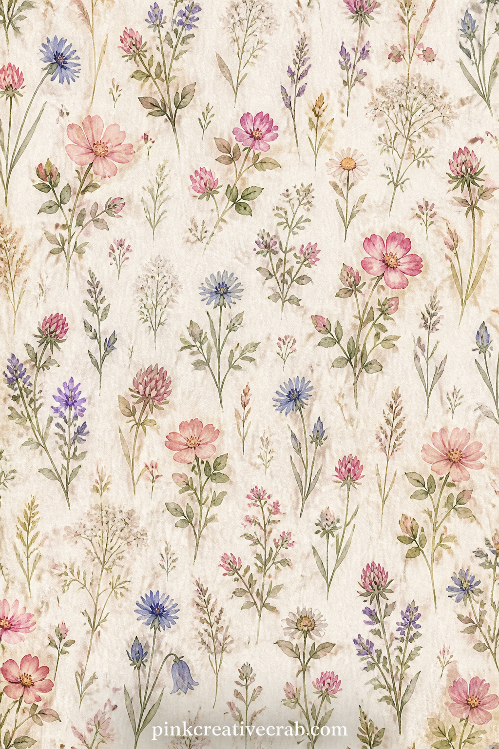 Scattered Wildflower Pattern printable page — Loose wildflowers and sprigs of grass repeat in a soft scatter across the page, good behind a garden photo, as a