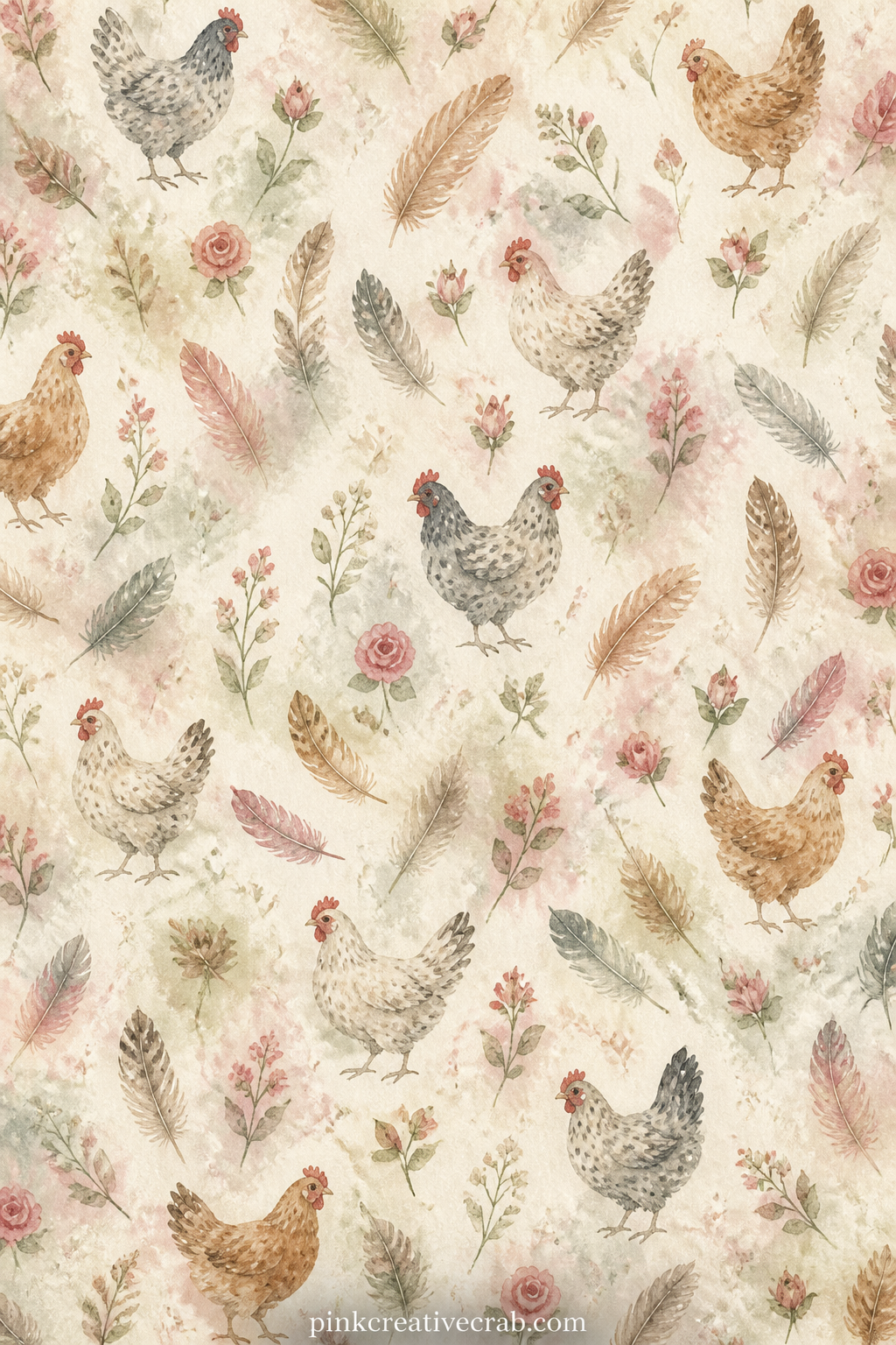 Hen Feather Scatter Pattern printable page — Small hens and soft feathers scatter evenly across the page, suited to a photo of the coop, a farmyard spread