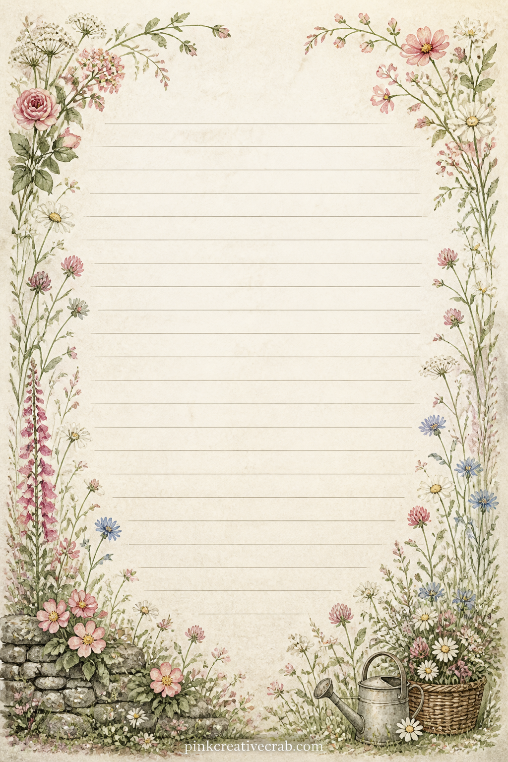Garden Wildflower Lined Page printable page — Corner sprays of wildflowers frame lines suited to a garden to do list, a note on what bloomed this week or a