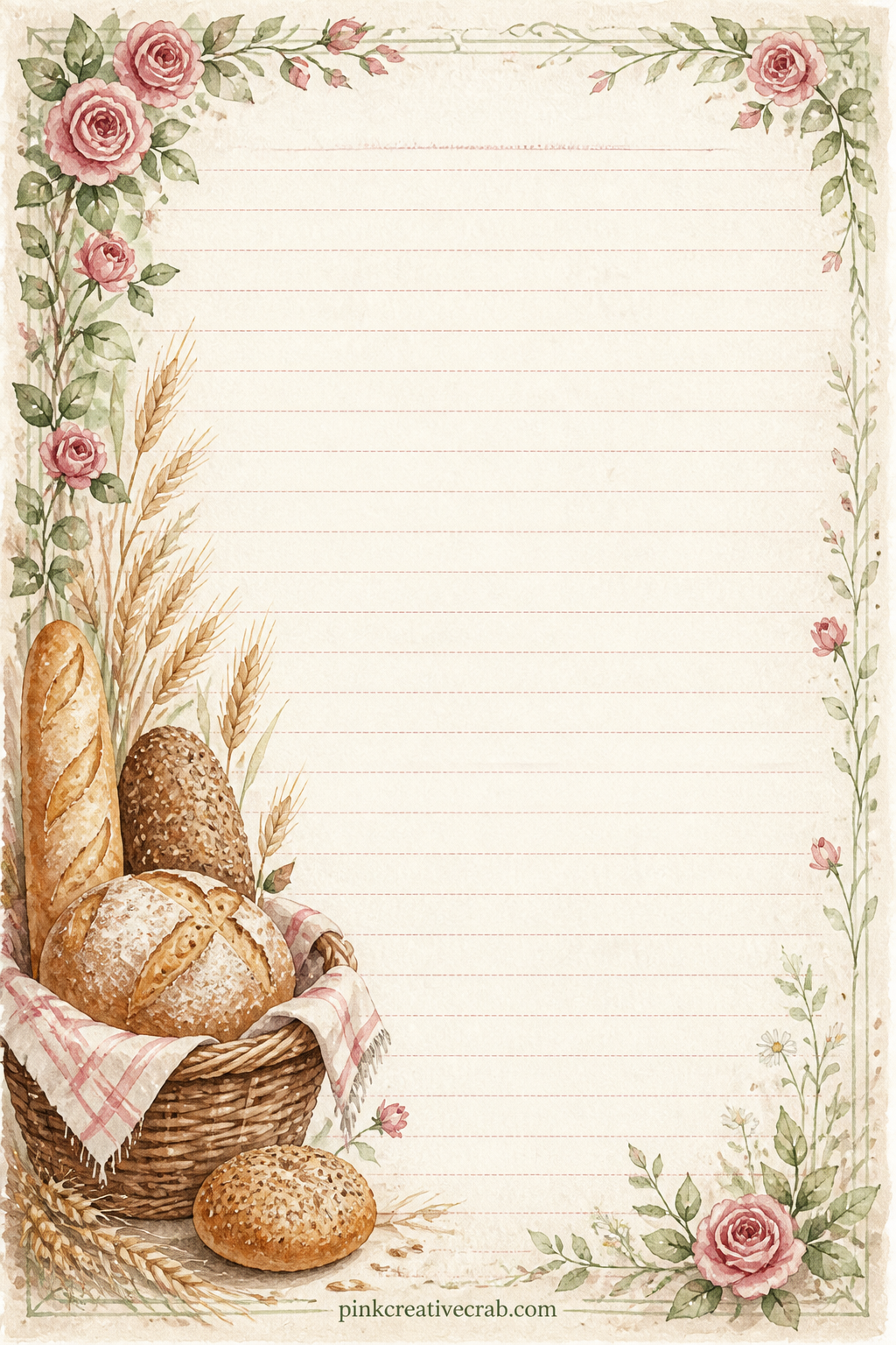 Bread Basket Border Lined Page printable page — A band of bread loaves and wheat stalks runs down one side, leaving room for a recipe, a kitchen memory or a