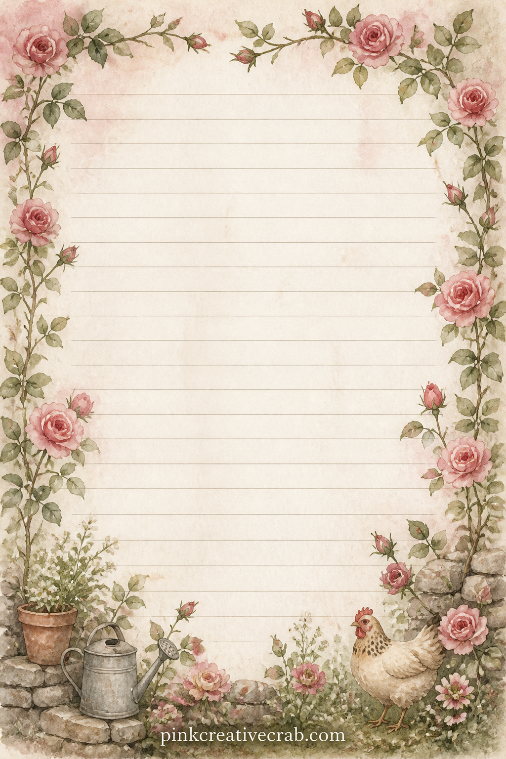 Rose Vine Frame Lined Page printable page — Climbing roses frame all four edges around the ruled lines, ready for a love letter, a wish list for the cottage or