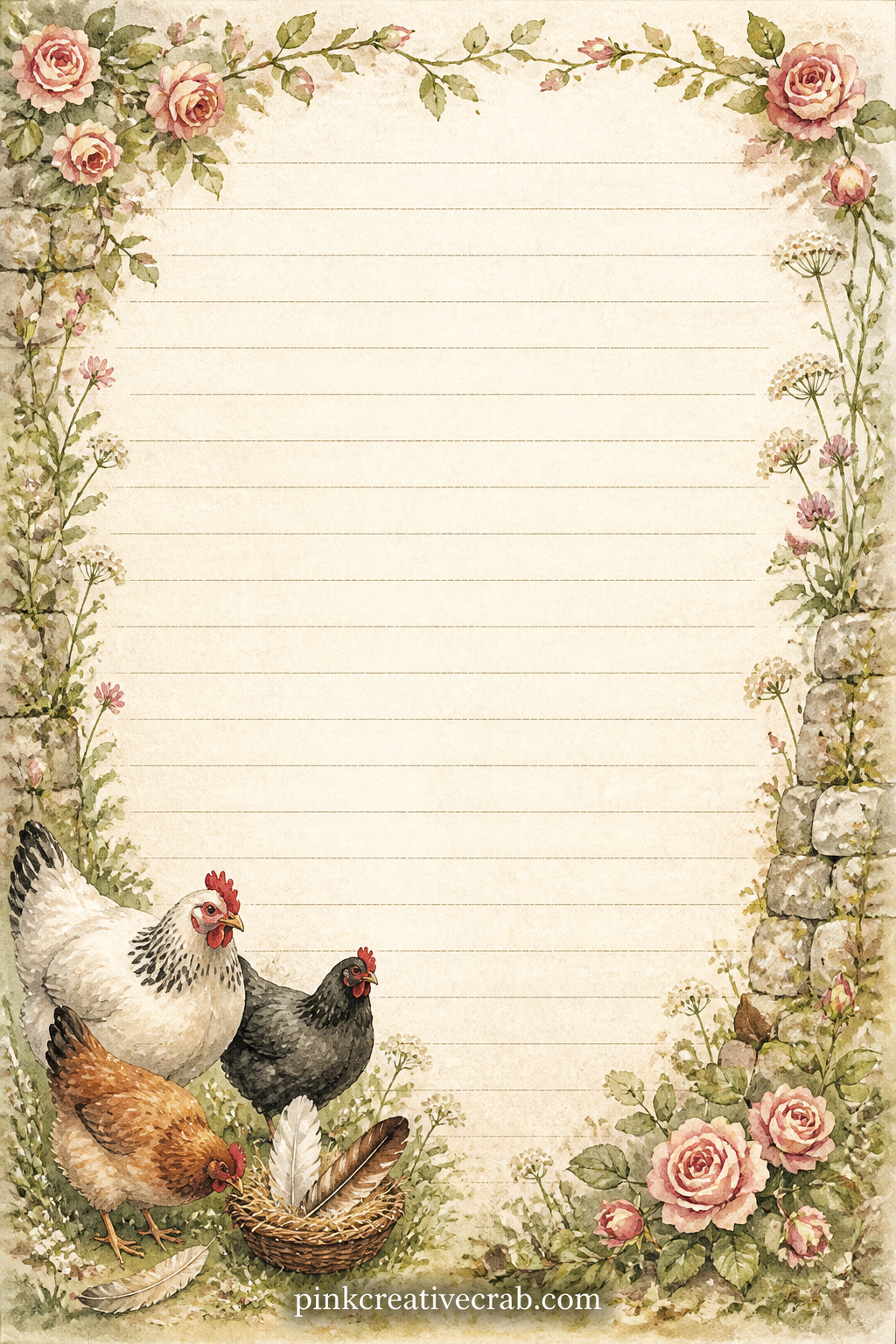 Hen And Feather Lined Page printable page — A small cluster of hens and feathers sits in one corner, leaving the lines open for a farm chore list, a visitor's