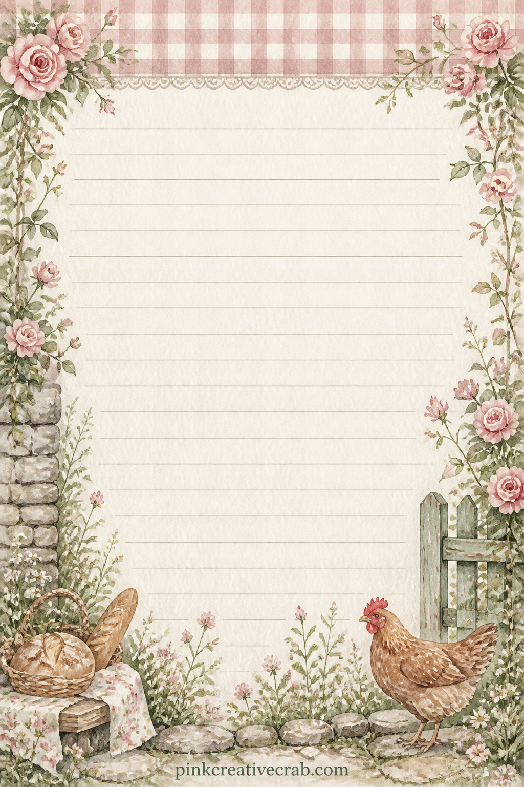 Gingham Band Lined Page printable page — A narrow gingham band runs along the top edge above the ruled lines, good for a picnic menu, a packing list or a quick