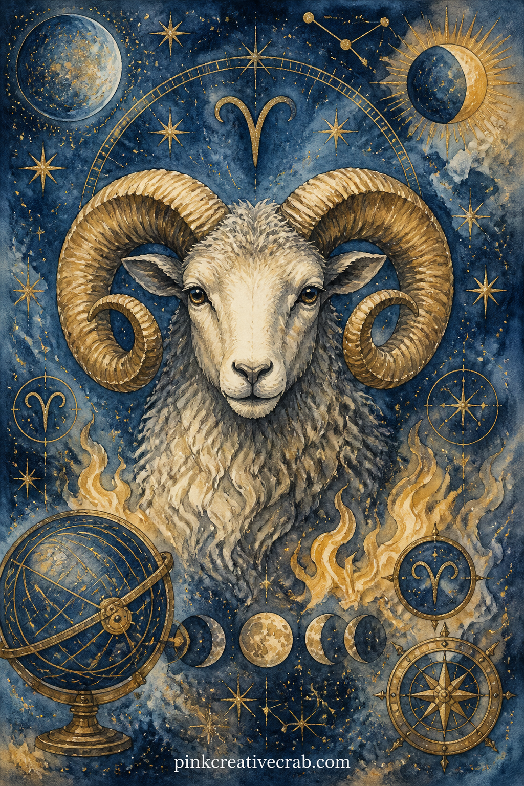 Aries Ram Portrait printable page — Pair this one with the stars and symbols background a few pages on: glue the ram page onto the pattern as a small frame, or