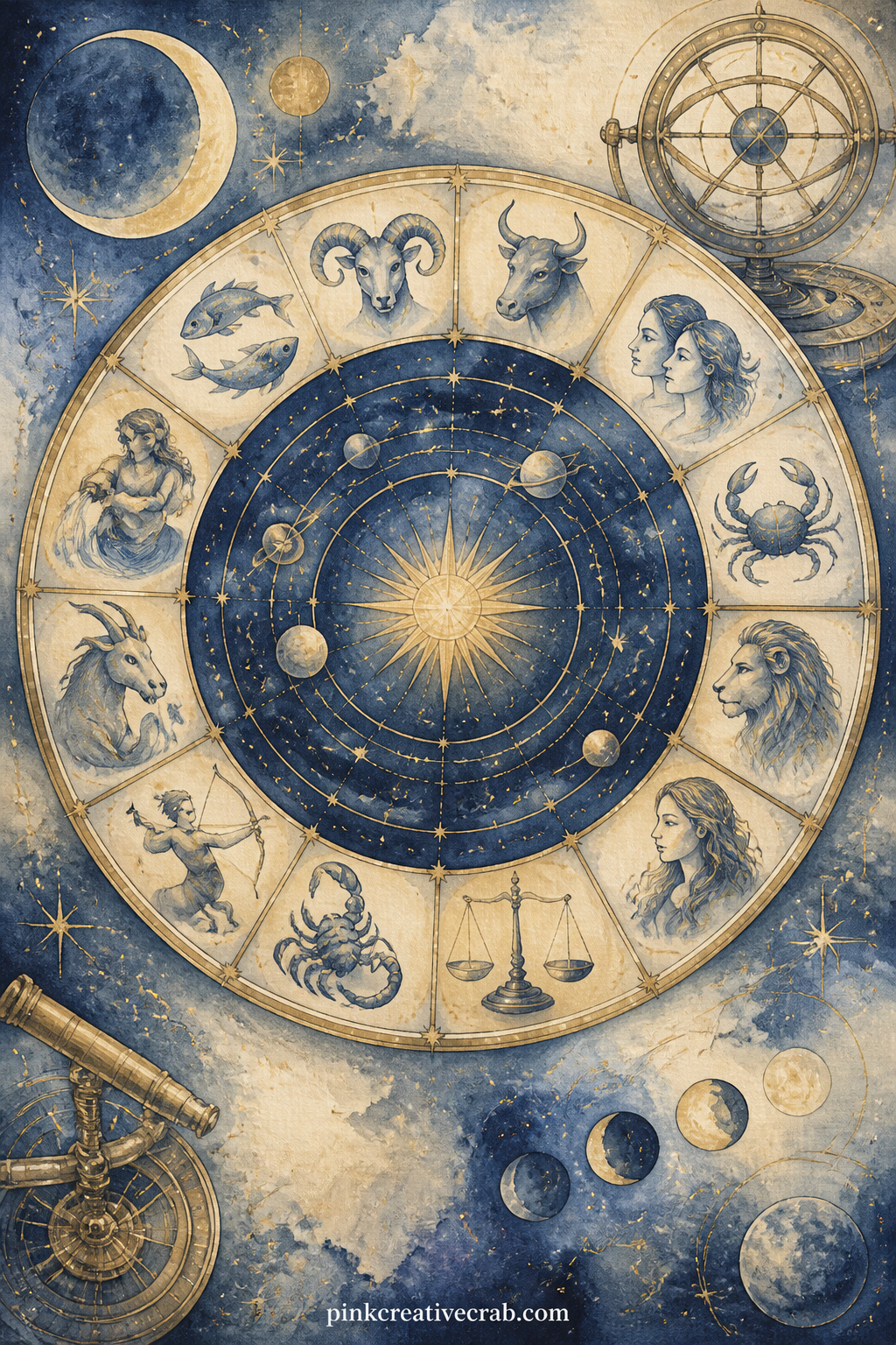 Twelve Signs Celestial Chart printable page — Spreads across a full page as the anchor of the whole journal, the twelve zodiac symbols circling an old star