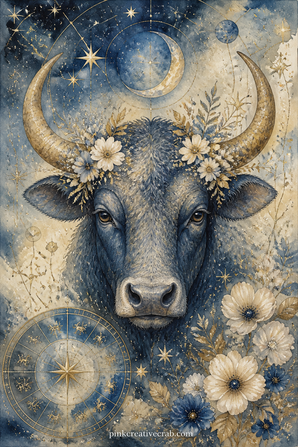 Taurus Bull and Flowers printable page — Leave this one for the reader who was born in spring, the bull wreathed in small flowers and earth tones instead of