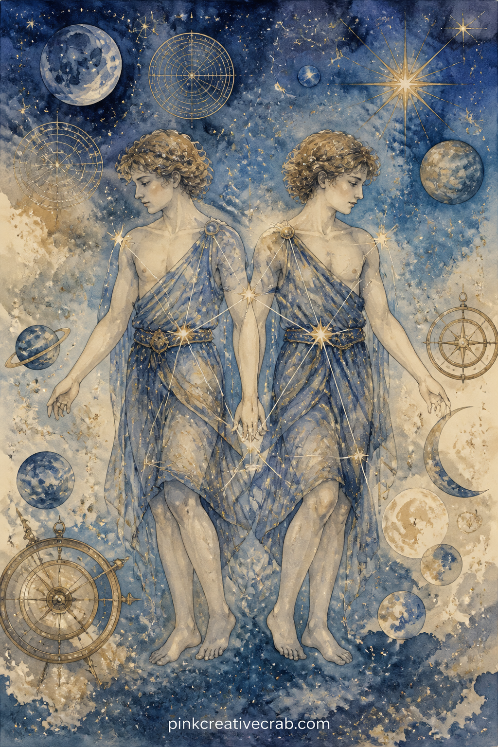 Gemini Twins and Stars printable page — The usual mistake here is painting the twins too large so they crowd the sheet. Astrology junk journal