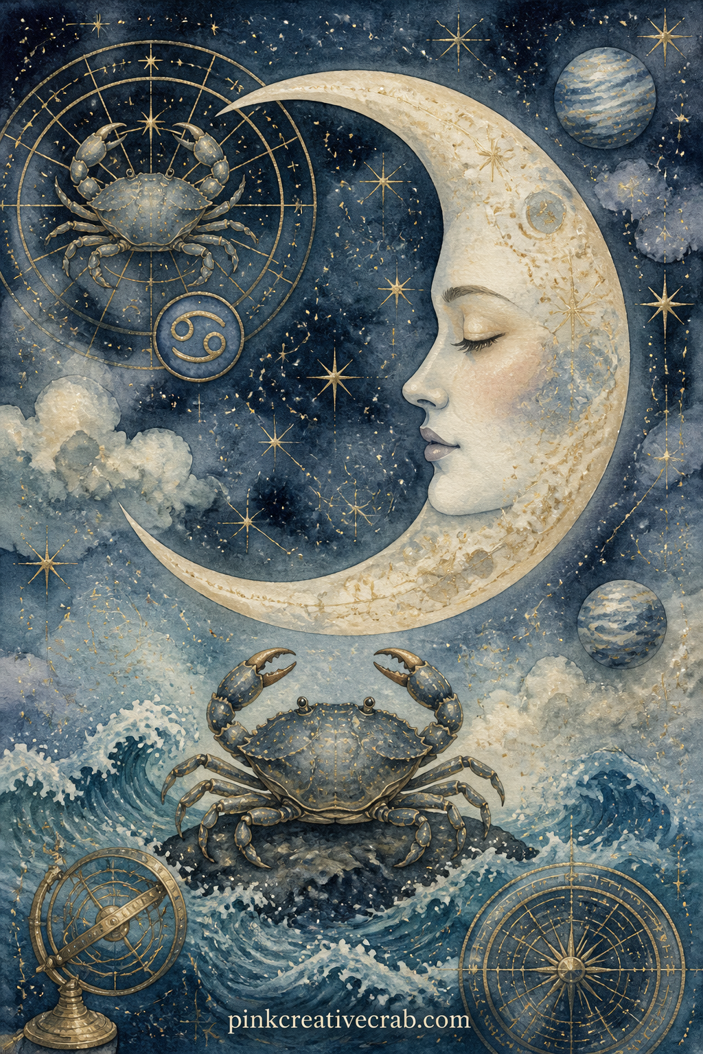 Cancer Crab and Moon printable page — What does the moon mean to you this week. Astrology junk journal