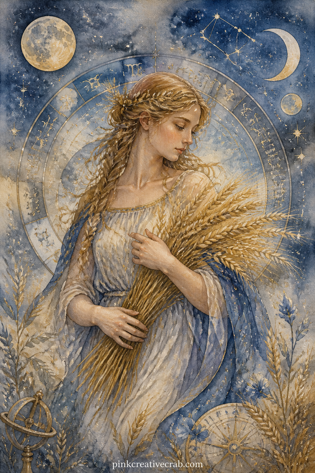 Virgo Maiden and Wheat printable page — Tuck a pressed leaf or a dried flower against this page before you close the journal, since the wheat and the quiet
