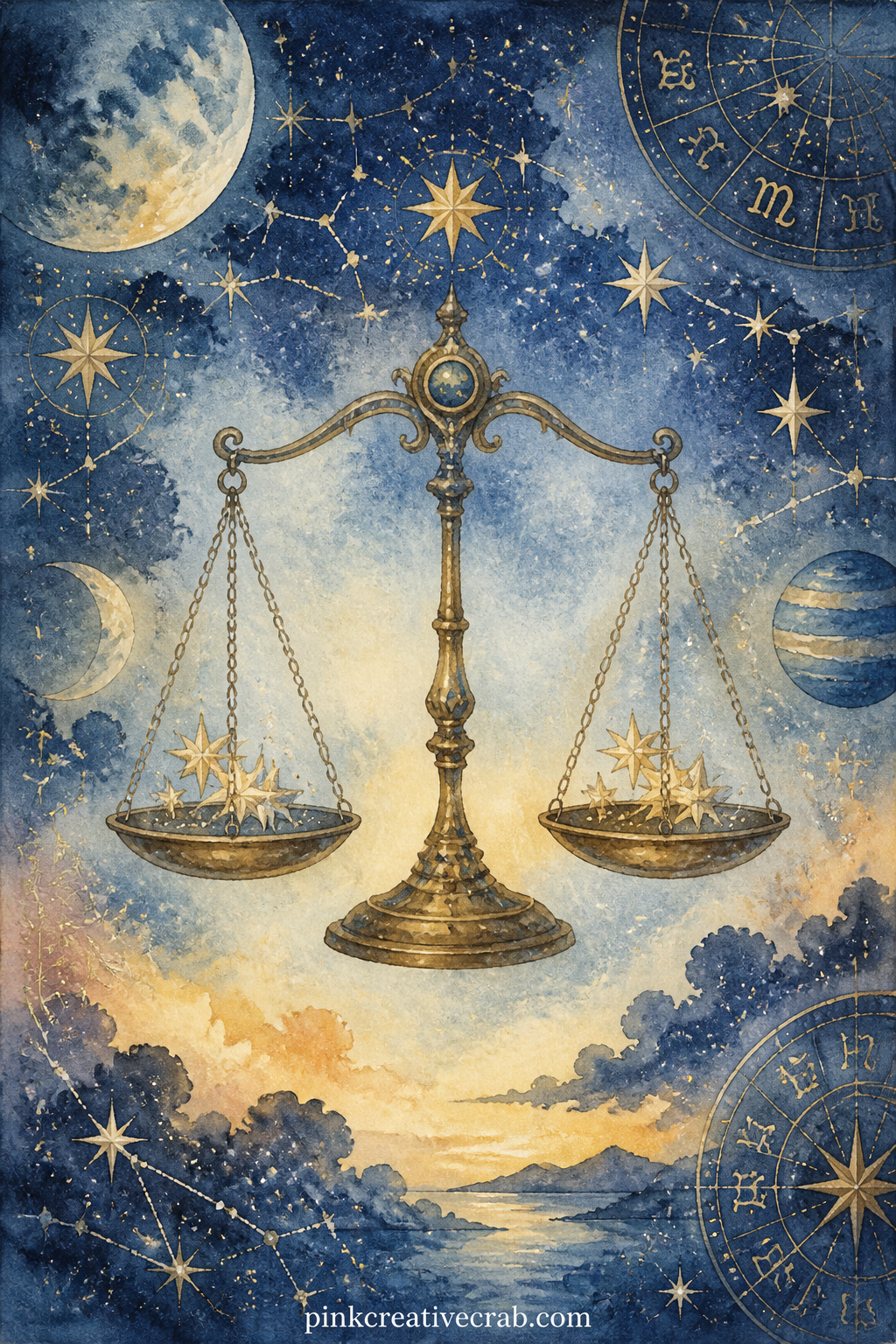 Libra Scales and Stars printable page — Balance is the whole idea of this sign, so place this page across from a lined writing page rather than another busy