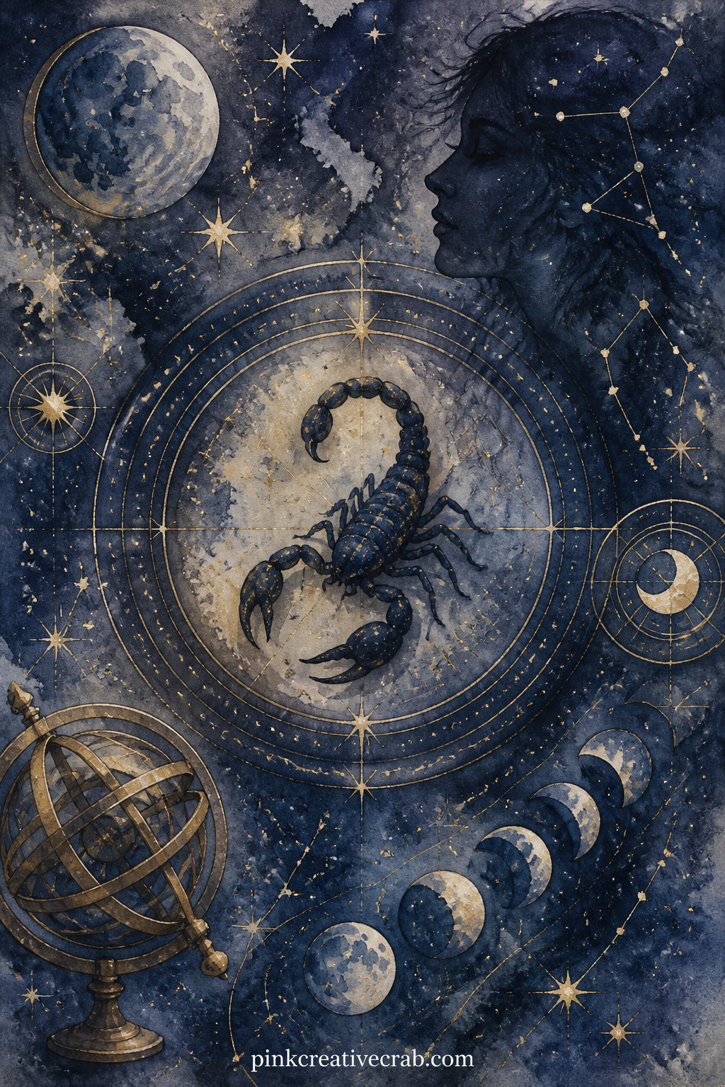 Scorpio Scorpion and Shadows printable page — Thirty words only: a small scorpion rests among deep blue shadows and scattered stars, the darkest page in the