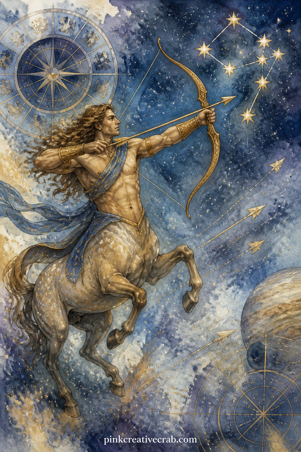 Sagittarius Archer and Bow printable page — Tea-stain just the bottom edge of this sheet before gluing it in: the archer's bow points upward, so a worn lower