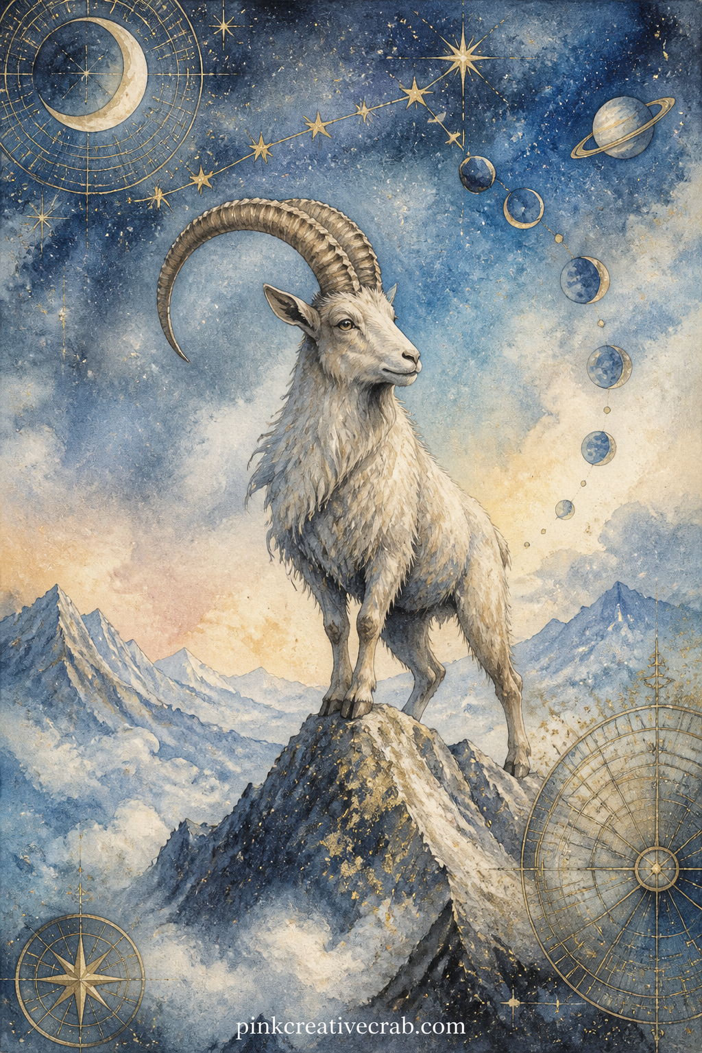Capricorn Goat and Mountain printable page — The goat climbs a small painted mountain under a thin line of stars, a quiet page for anyone who reads this