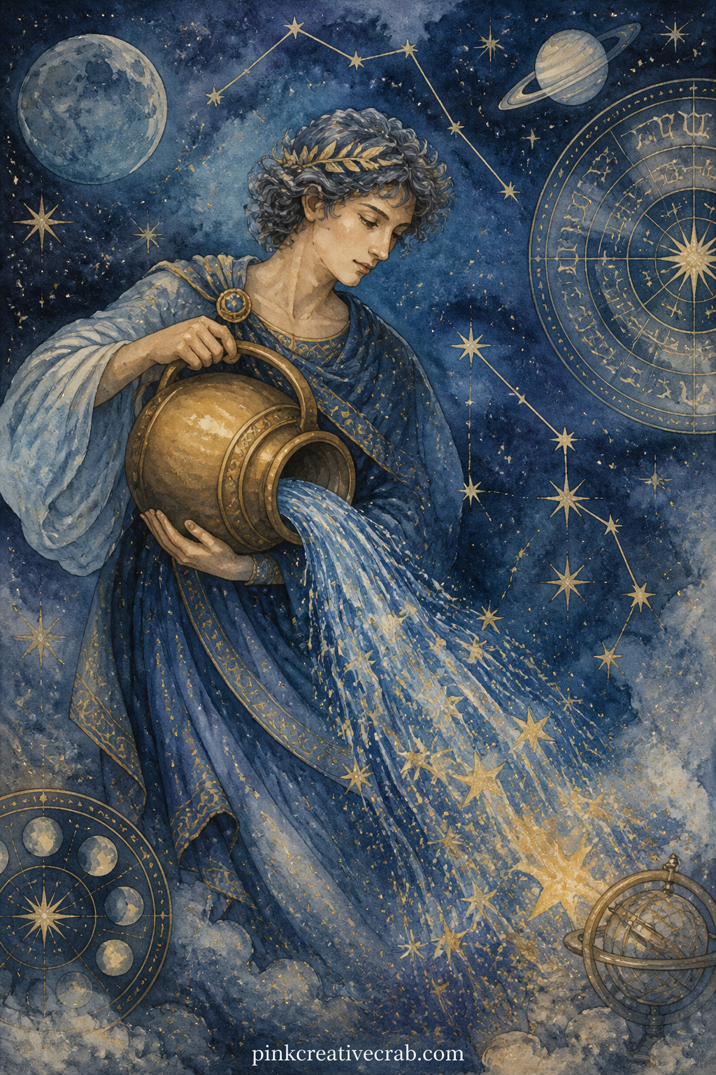 Aquarius Water Bearer printable page — This closes the twelve signs, so pair it with the opening chart page: glue one near the front of the journal and this