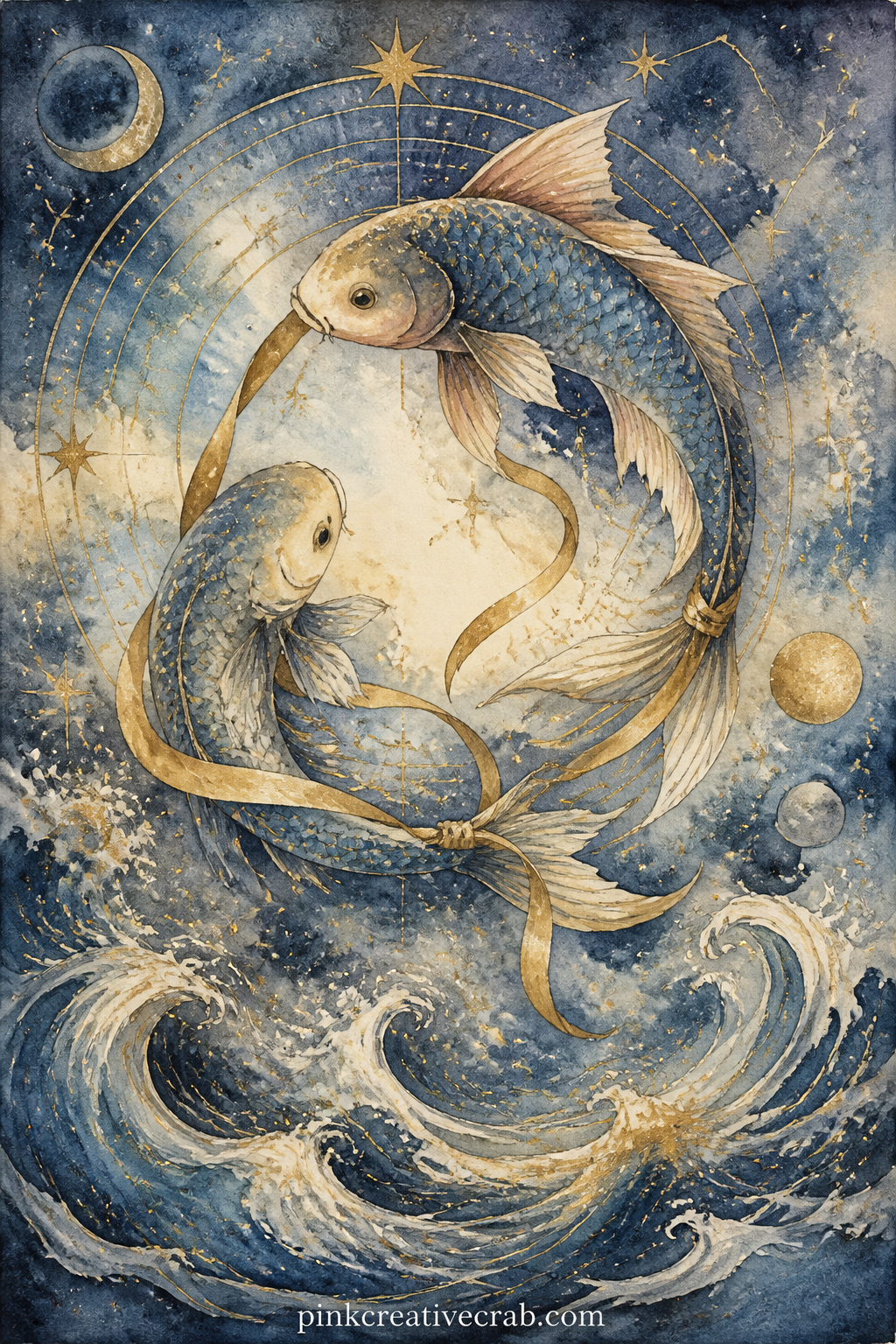 Pisces Fish and Waves printable page — Two fish circle each other above soft painted waves, closing the set of twelve with the gentlest palette of the whole