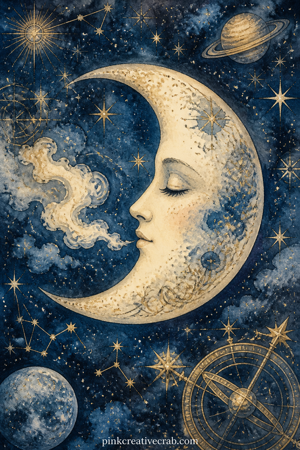 Moon With a Painted Face printable page — Carries a full crescent moon with closed eyes and a soft smile, small stars drifting around it against a deep painted