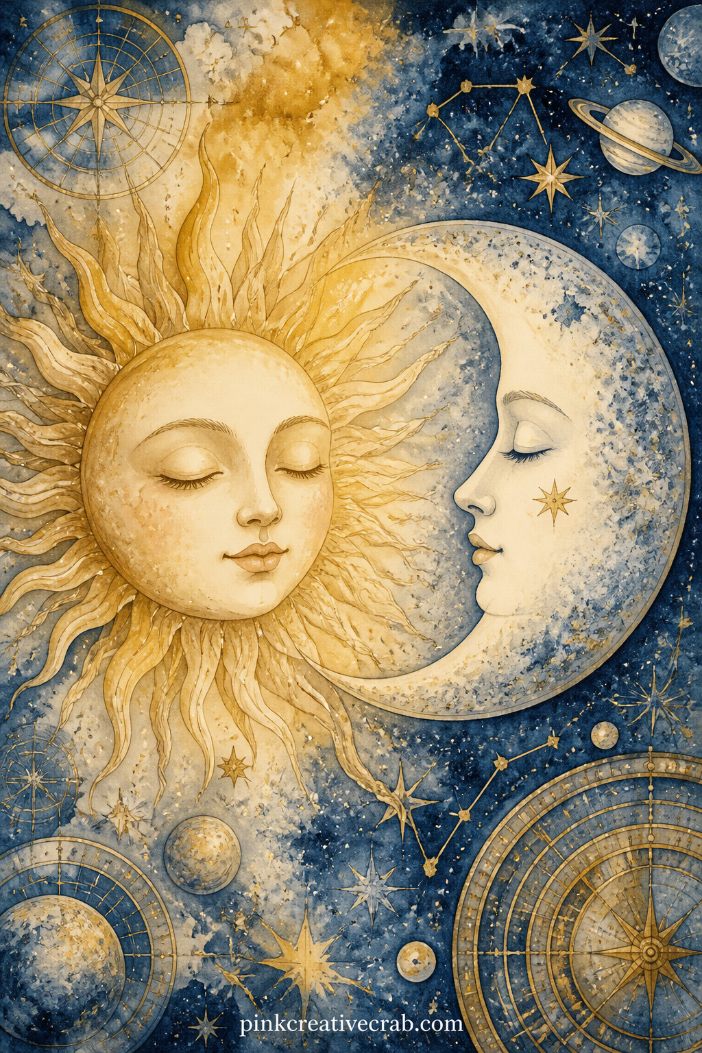 Sun and Moon Together printable page — The usual mistake with a sun and moon page is splitting it down the middle like two separate pictures. Astrology junk