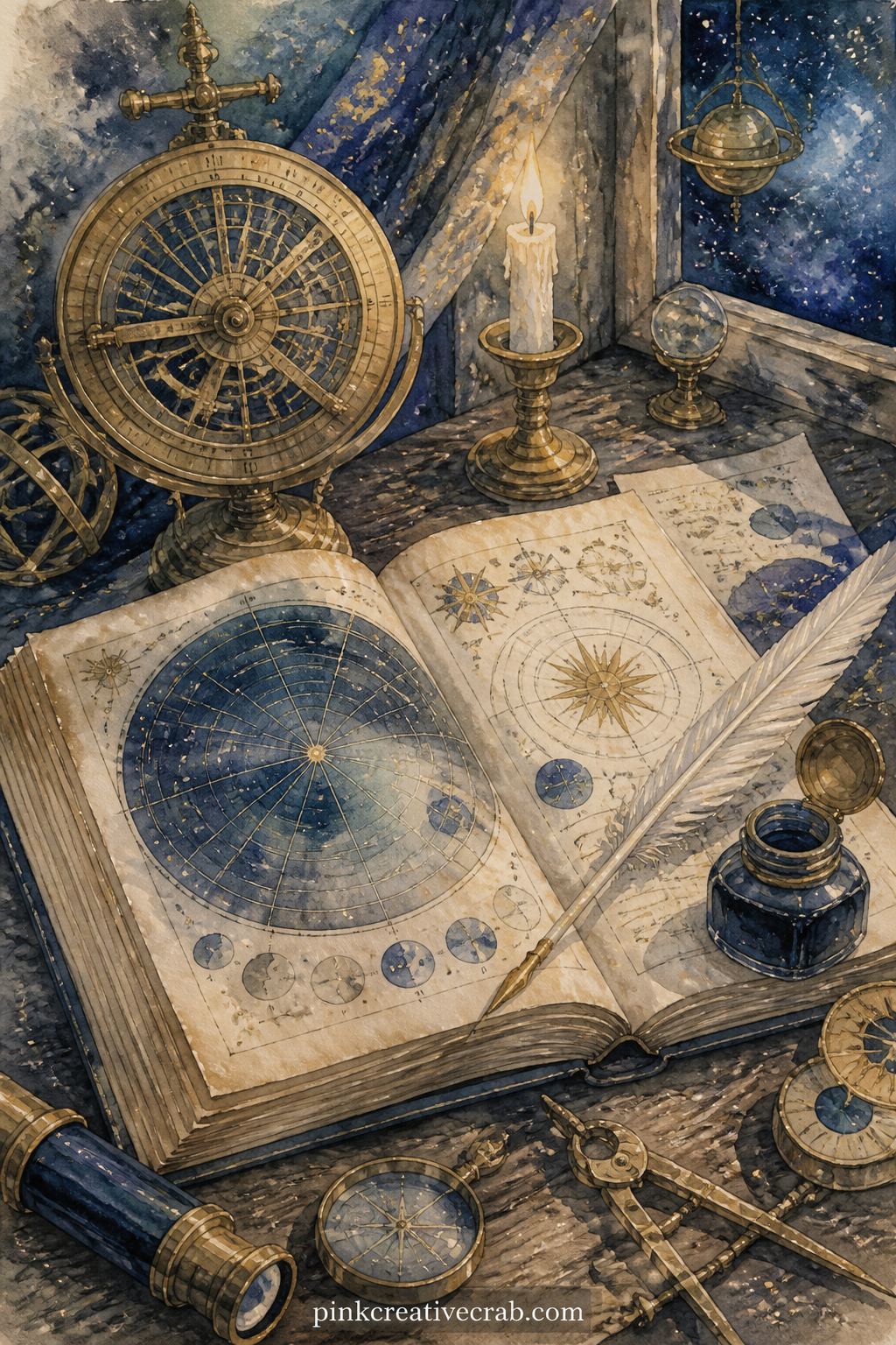 Astrologer's Desk With Brass Tools printable page — Shows a cluttered desk scene: an open star chart, a brass astrolabe, a quill and a small candle, every