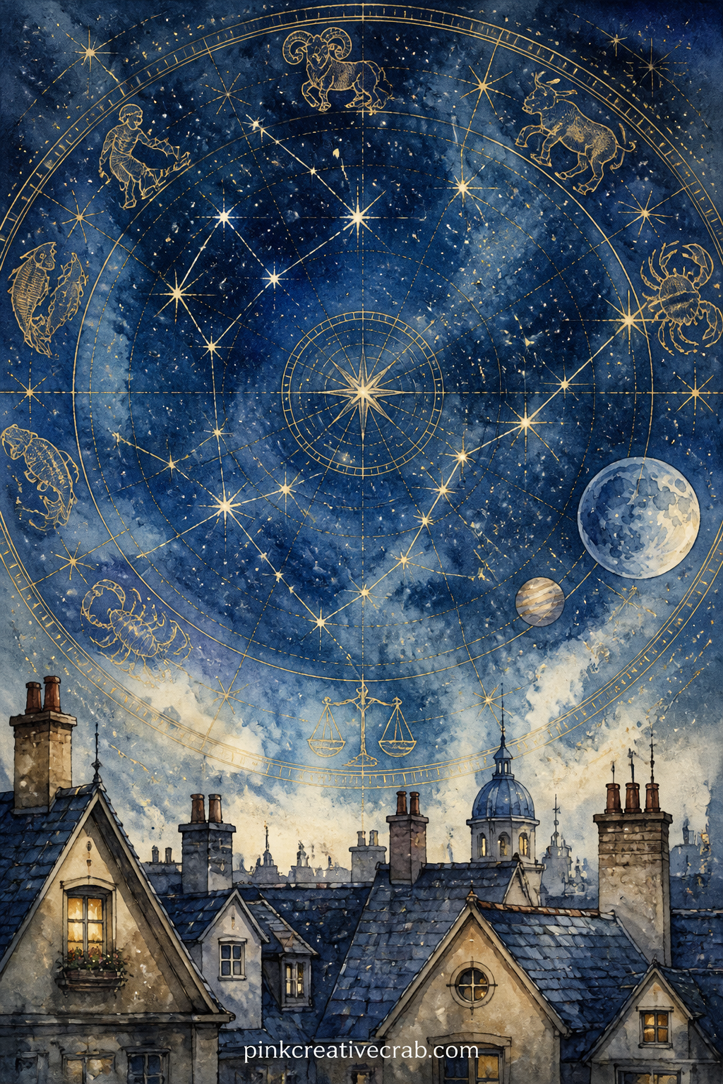 Star Map Over the Rooftops printable page — This one works well glued in as a fold-out: trim along one edge and fold the extra sky inward so the rooftops open
