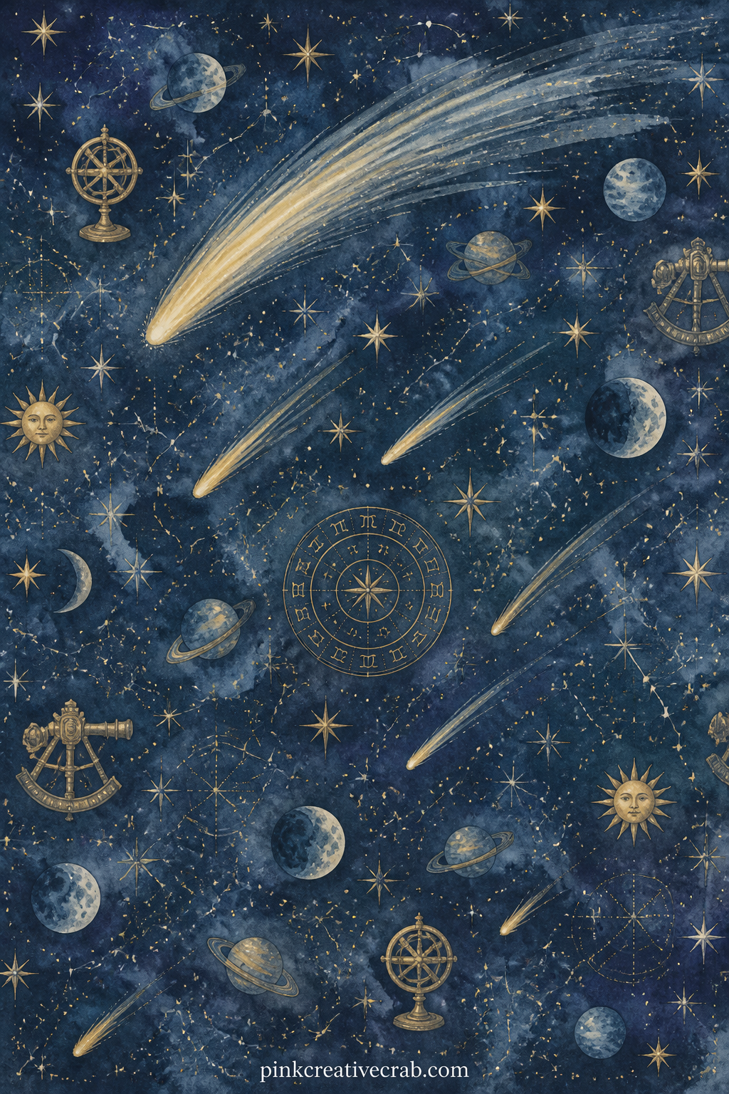 Comet and Falling Stars printable page — A single comet trails across the upper half of the sheet while smaller falling stars drift below it through a deep