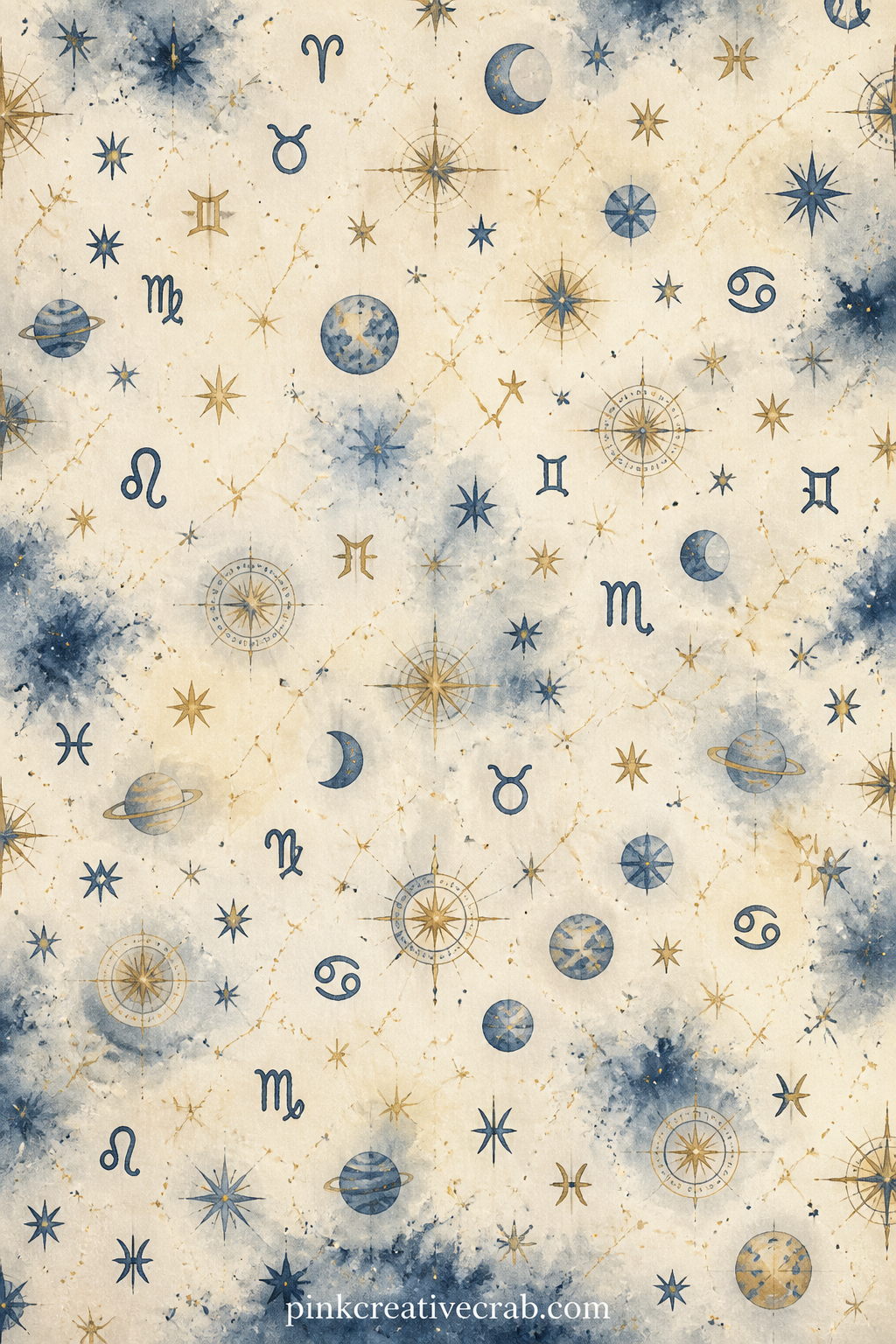 Stars and Zodiac Symbols Pattern printable page — Scatters tiny stars and zodiac glyphs edge to edge in midnight blue and dusty gold, ready to sit behind a