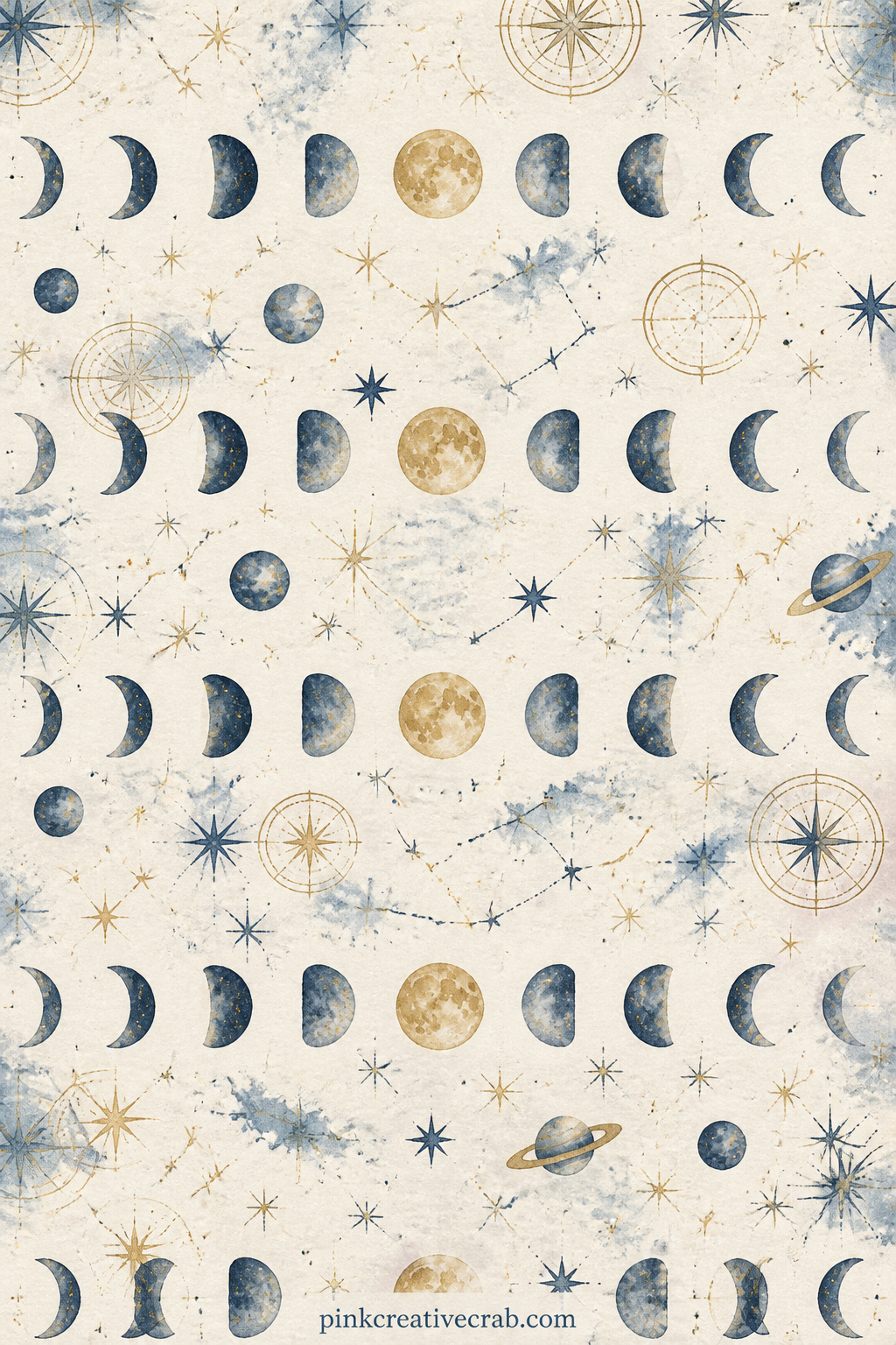 Moon Phases Pattern printable page — Repeats the full cycle of the moon in a steady row across the sheet, useful under a portrait photo, as a cover sheet, or