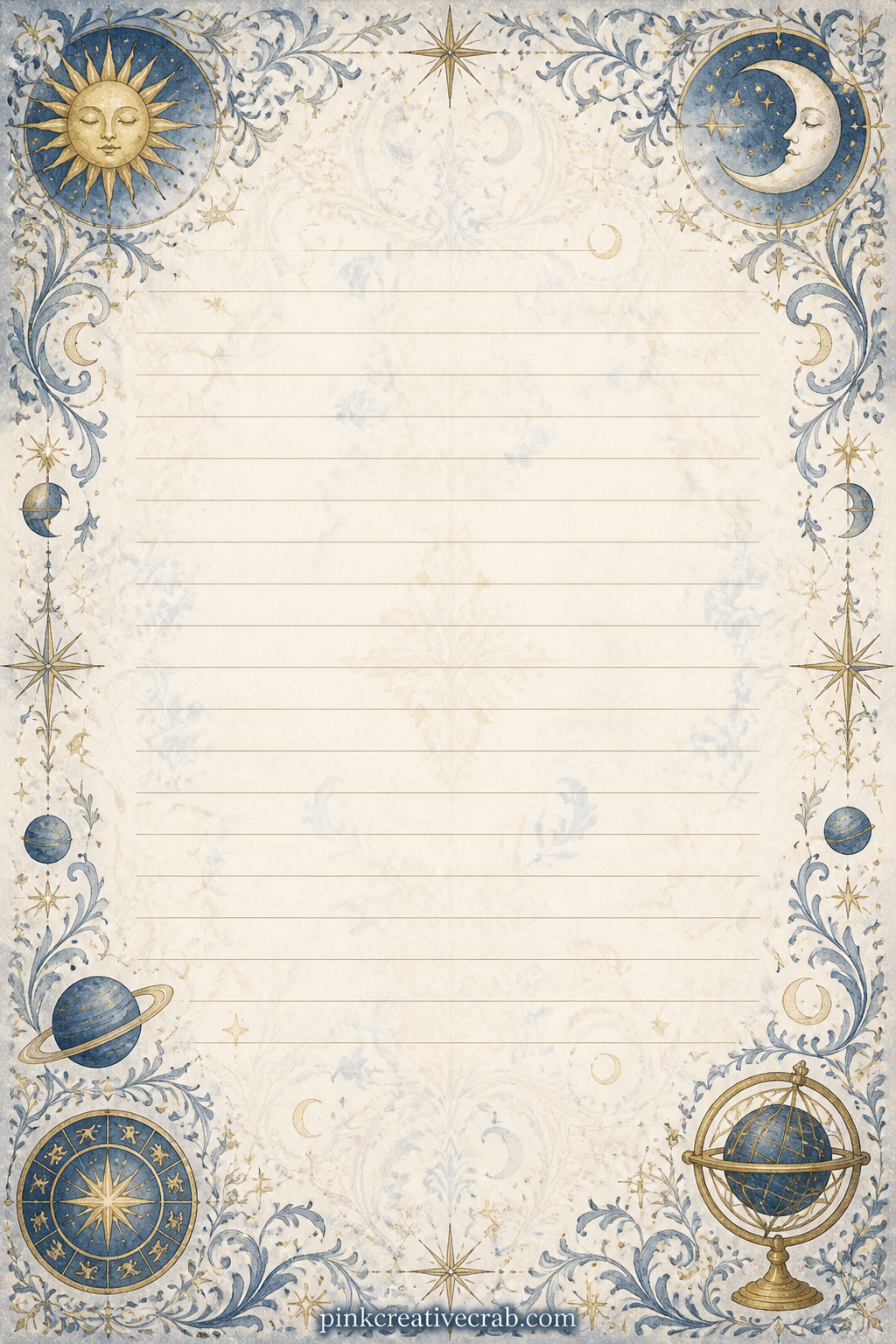 Celestial Damask Pattern printable page — Pairs a soft damask swirl with tiny sun and moon shapes for a quieter all-over pattern, good behind a title page, as