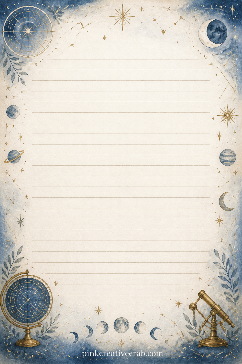 Star Chart Lined Page printable page — Carries a thin border of tiny stars and constellation lines around faint ruled lines, ready for a dream log, a wish for