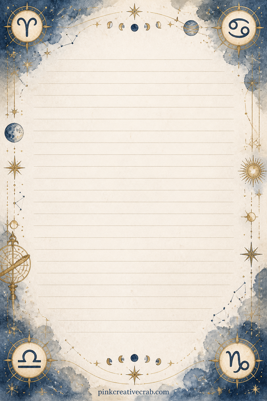 Zodiac Corner Lined Page printable page — Sets a small zodiac glyph in each corner around open ruled lines, good for a birth chart note, a list of this month's