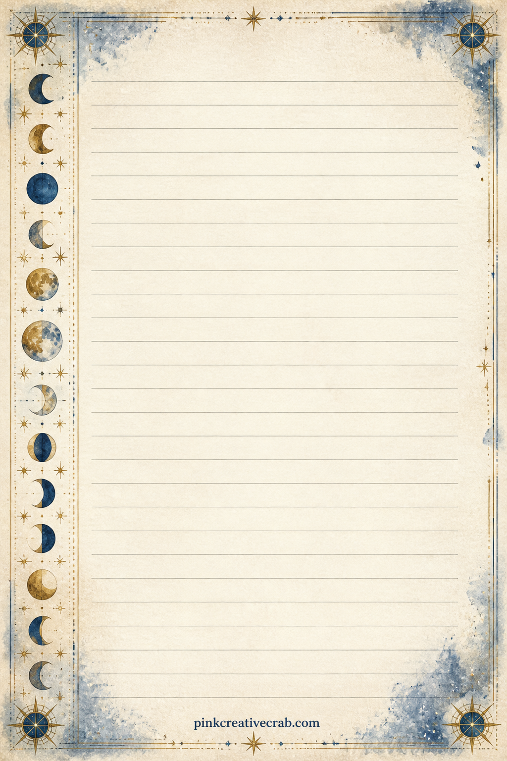 Moon and Stars Band Lined Page printable page — Runs a narrow band of small moons and stars down one side of the sheet, leaving the ruled lines open for a