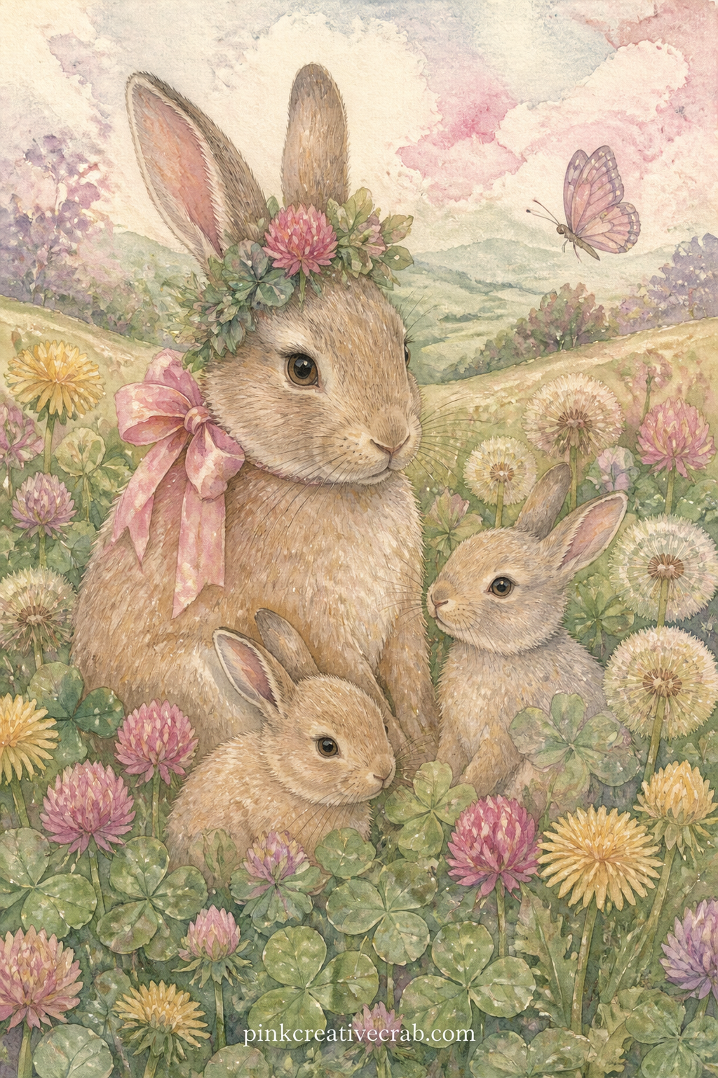 Bunny Family in the Clover printable page — Pair this page with the clover pattern background further down the set: let the pattern sit on the page before it