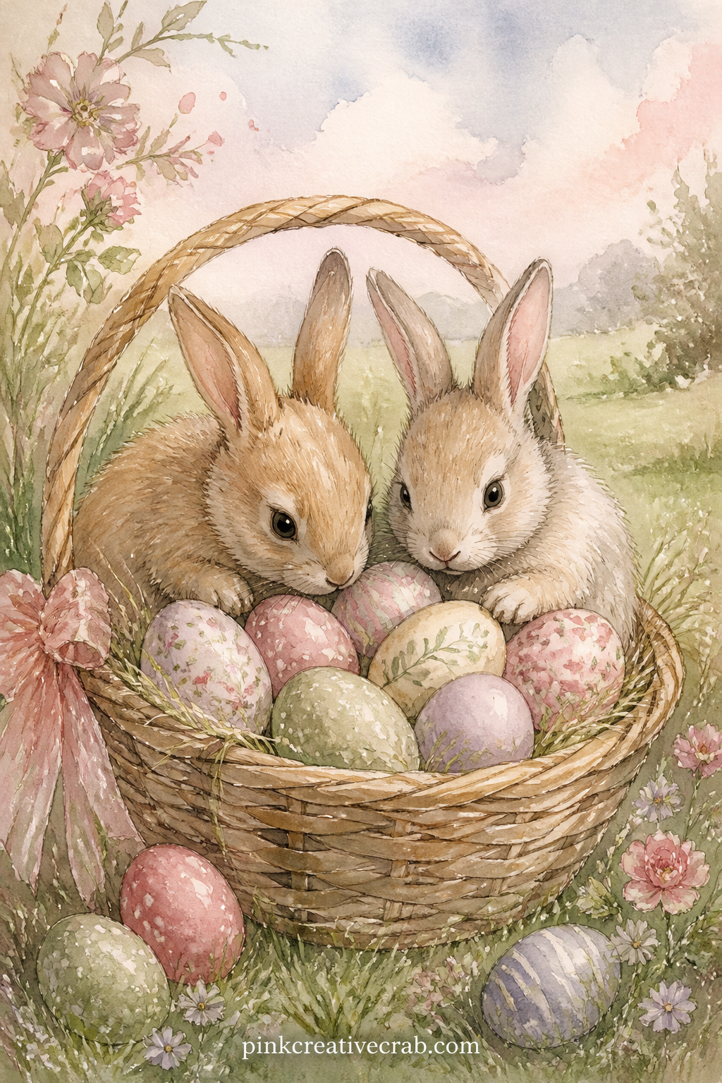 Bunnies in a Basket of Eggs printable page — Two soft grey bunnies lean into a woven basket heaped with painted eggs, set against a wash of green lawn and pale